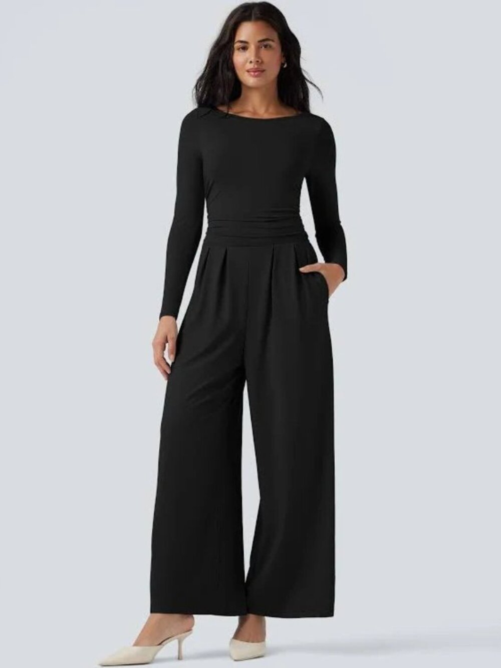 HALARA Boat Neck Long Sleeve Wide Leg Jumpsuit w/pockets black -Easy Peezy -M